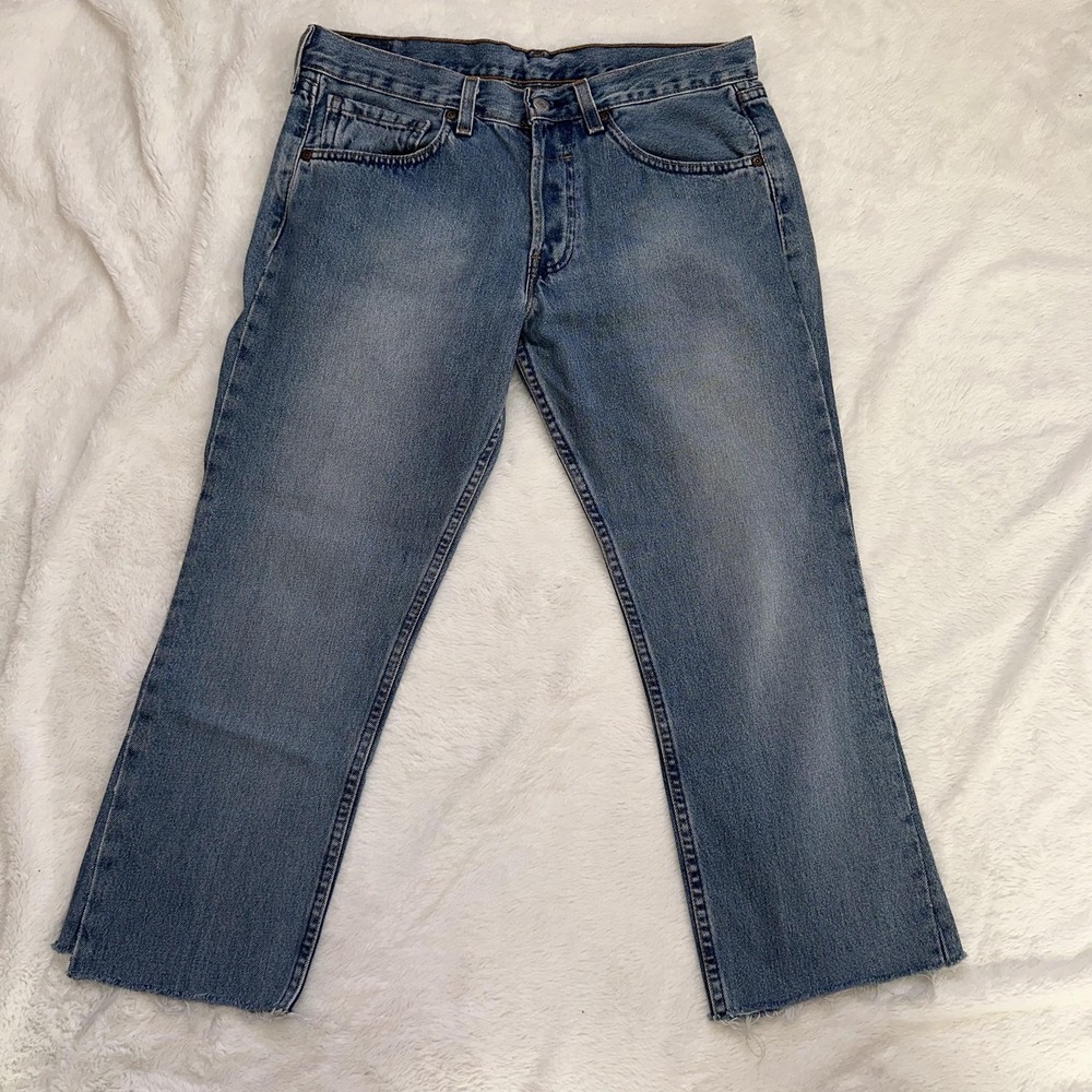 Vintage Levis 502 Superlow Jeans Womens 32 Blue Button Fly‎ Raw Hem Crop USA Y2K